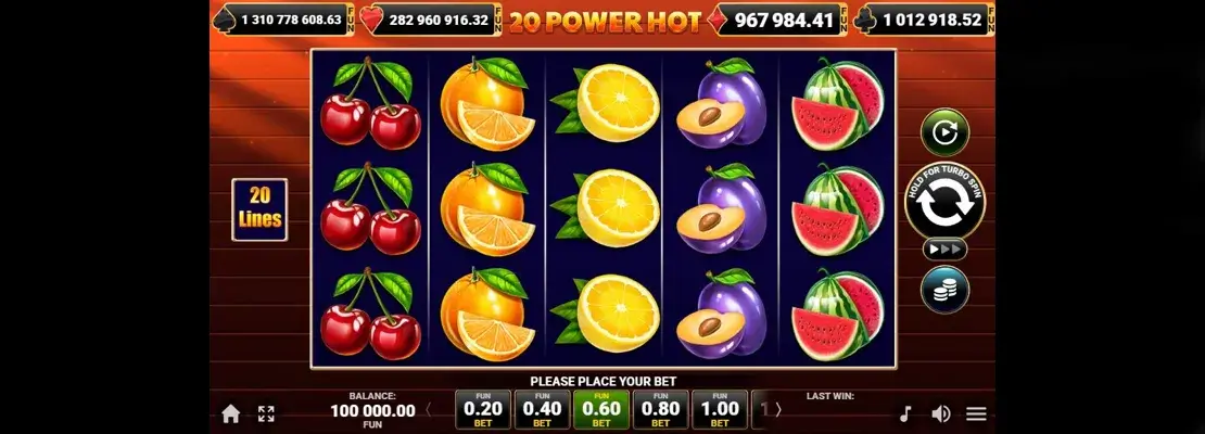 Úvodná obrazovka hry 20 Power Hot