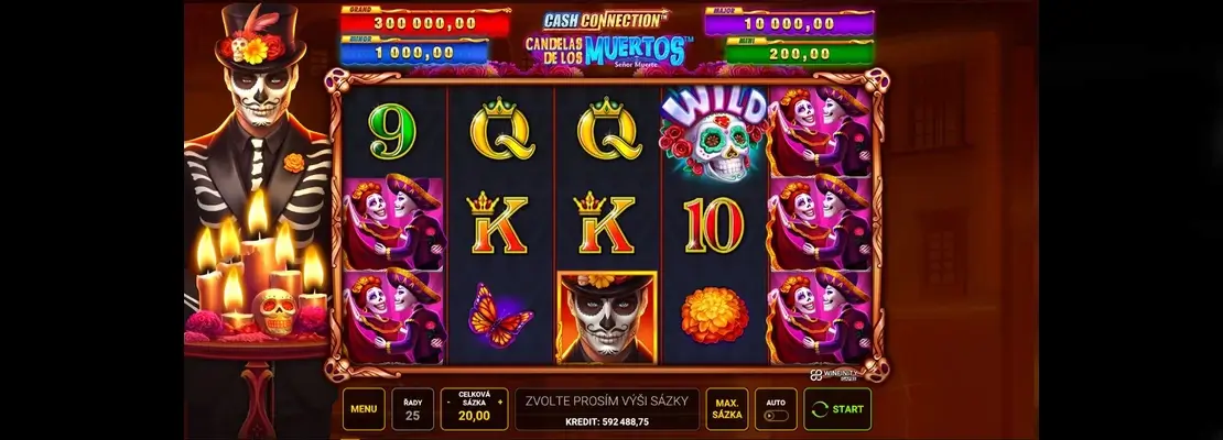 Úvodná obrazovka hry Cash Connection Candelas de Los Muertos Senor Muerte