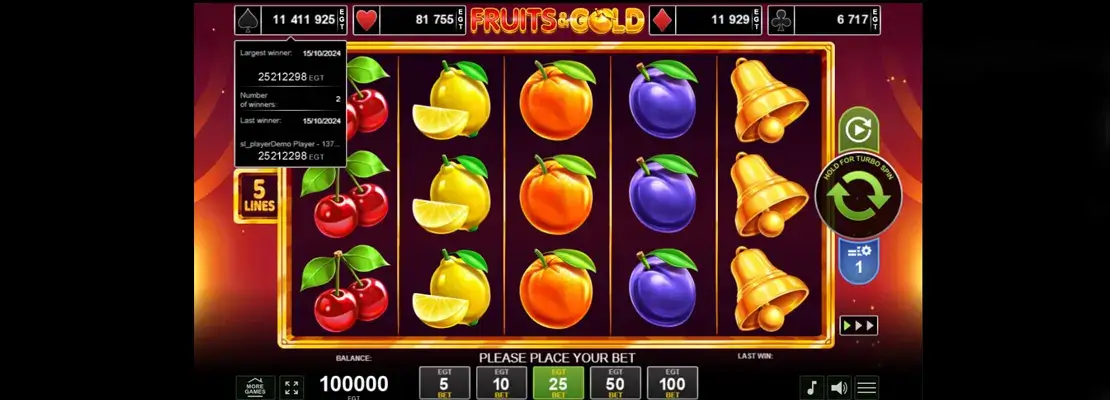 Úvodná obrazovka hry Fruits And Gold