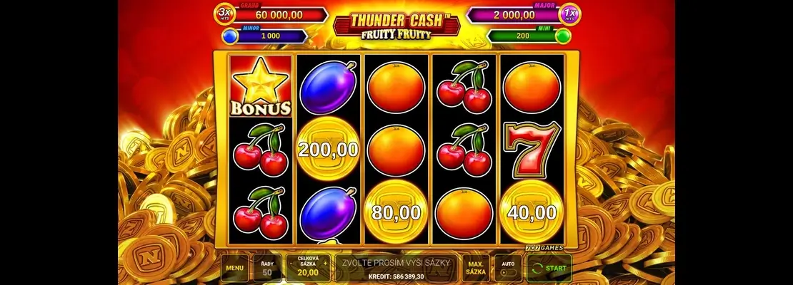 Úvodná obrazovka hry Thunder Cash Fruity Fruity